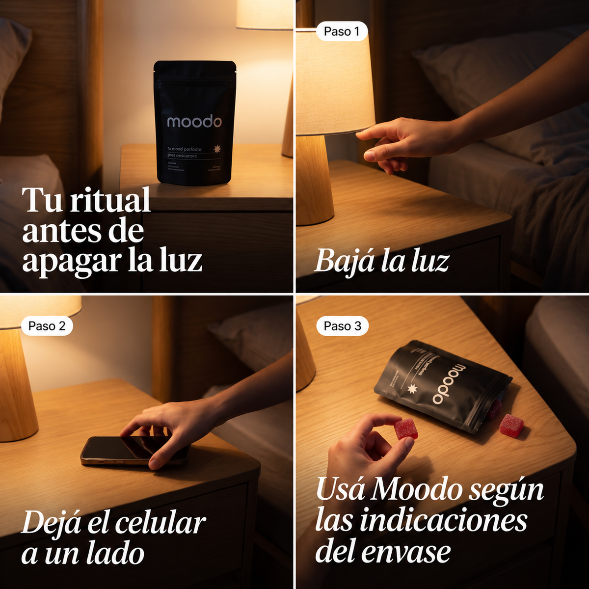 Tu ritual antes de apagar la luz: bajá la luz, dejá el celular a un lado y usá Moodo según las indicaciones del envase